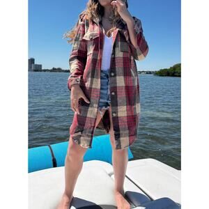 Hooded longline plaid flannel fleece shacket